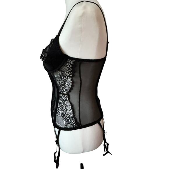 FREDERICKS OF HOLLYWOOD Small Black Lace Demi Cup Sheer Corset Top Garter Clips - Picture 3 of 10